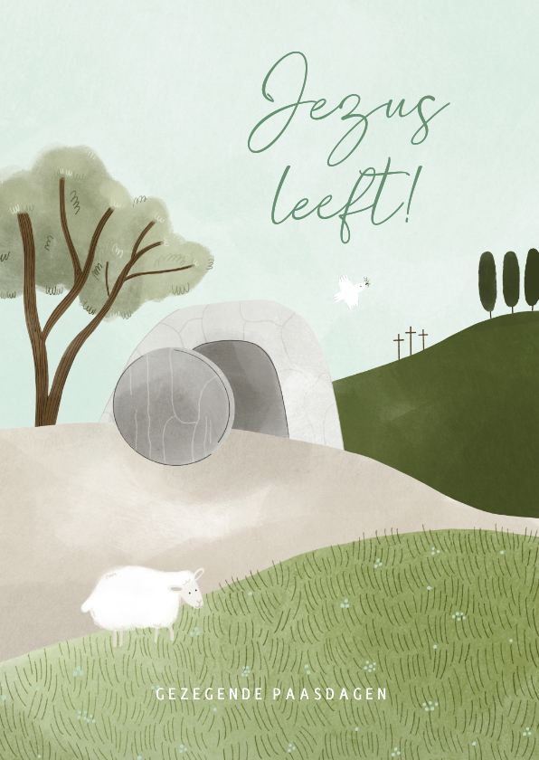 Christelijke paaskaart Jezus leeft landschap illustratie - Paaskaarten Paaskaarten - Christelijke paaskaart Jezus leeft landschap illustratie