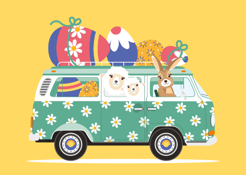 Paaskaarten - Een vrolijk Volkswagen busje vol paasdieren