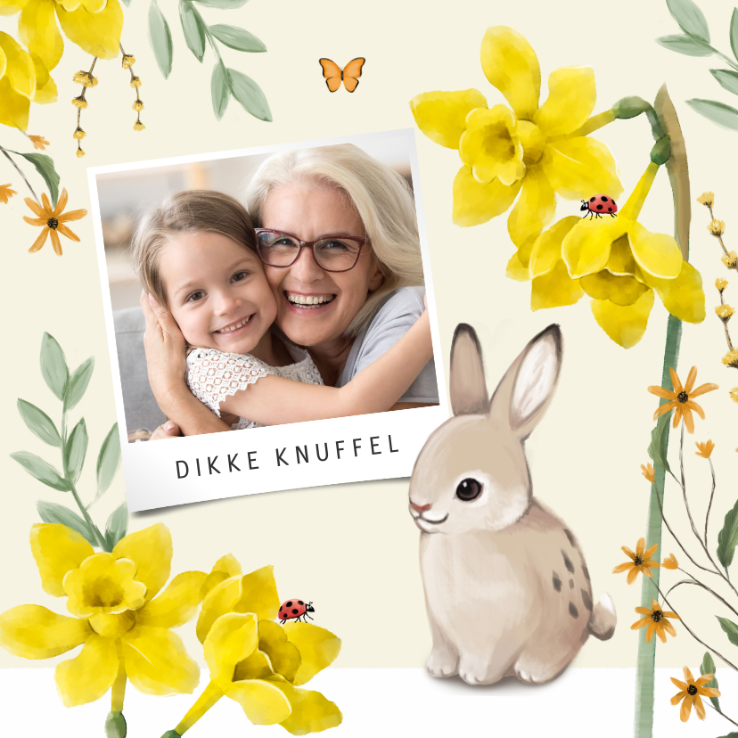 Paaskaarten - Een vrolijke lente paaskaart met bloemen, vlinders en konijn