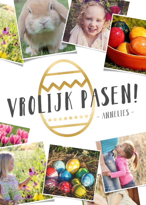 Paaskaarten - Fotocollage paaskaart met eigen foto's en gouden ei