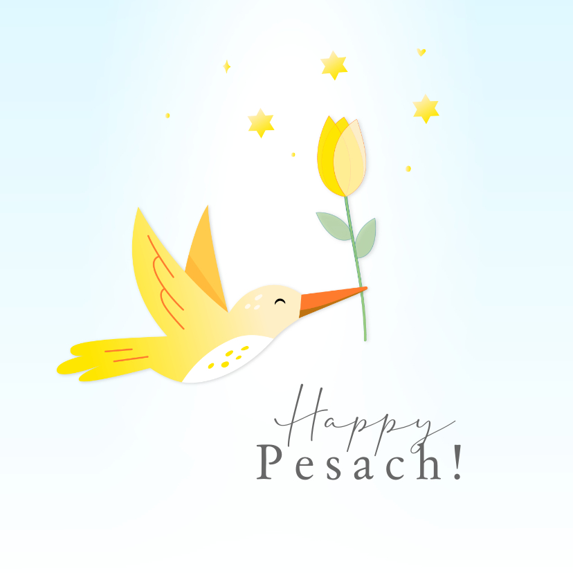 Paaskaarten - Happy Pesach paaskaart met geel vogeltje, tulp en sterren