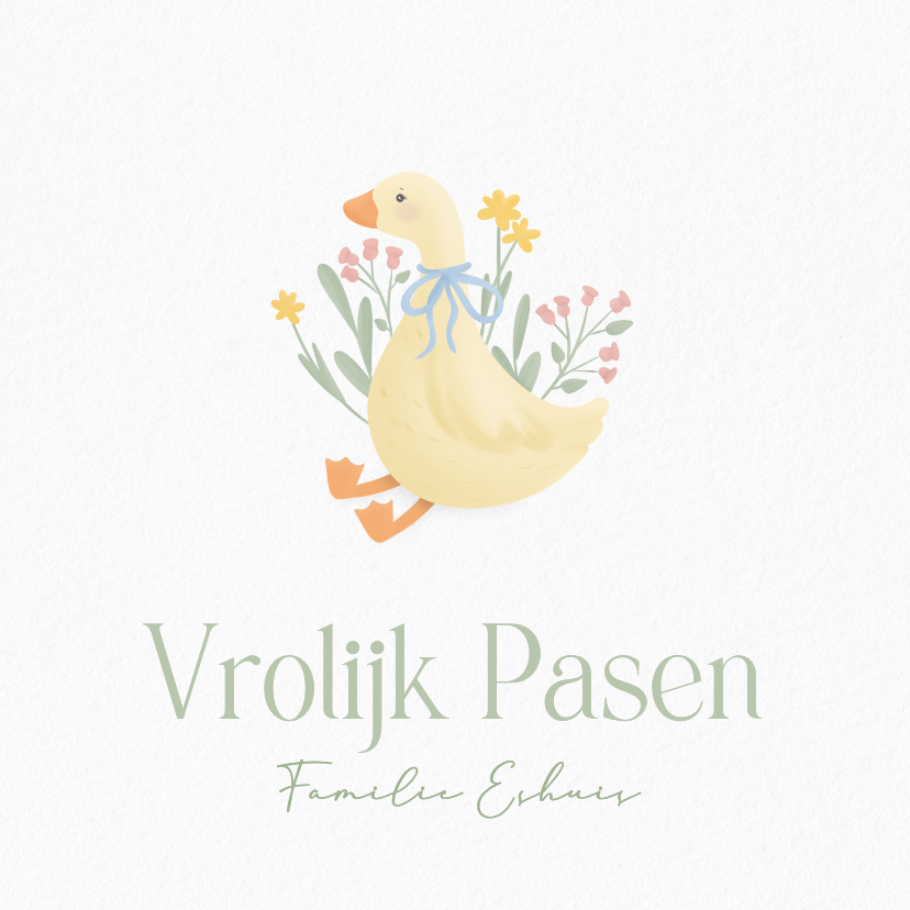 Klassiek paaskaartje met gansje en bloemetjes - Paaskaarten Paaskaarten - Klassiek paaskaartje met gansje en bloemetjes