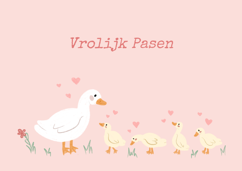 Paaskaarten - Lief paaskaartje met eendje en kuikentjes roze