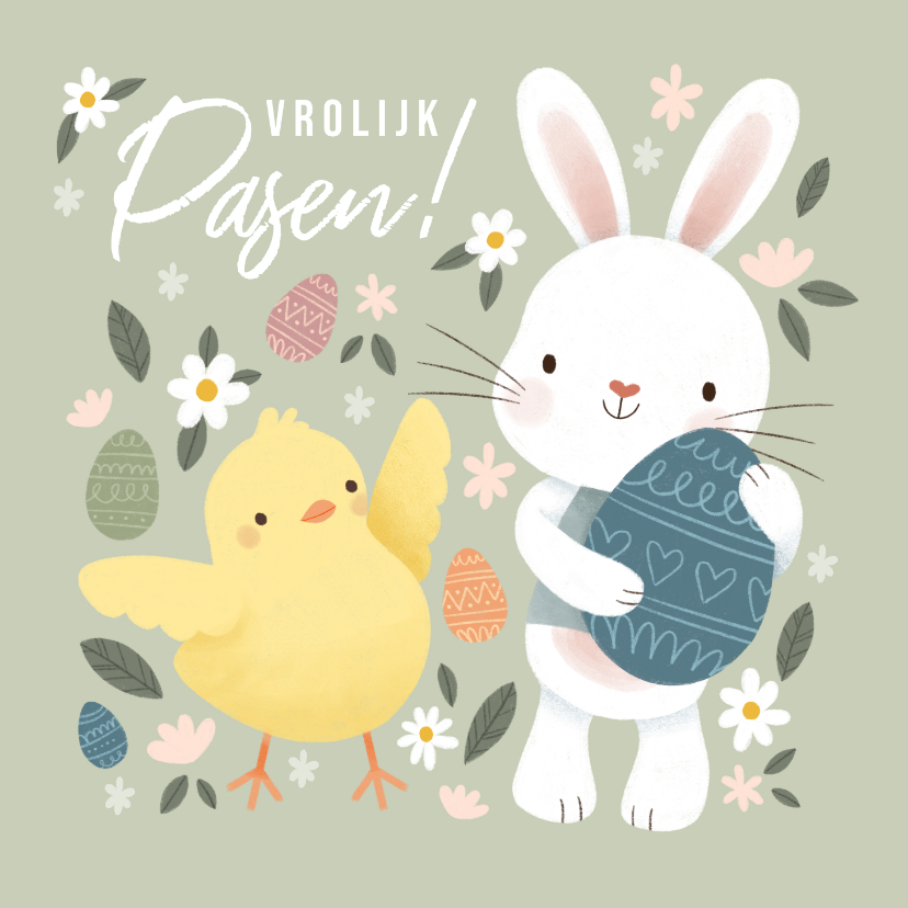 Lieve paaskaart met kuikentje, paashaas en paaseieren - Paaskaarten Paaskaarten - Lieve paaskaart met kuikentje, paashaas en paaseieren