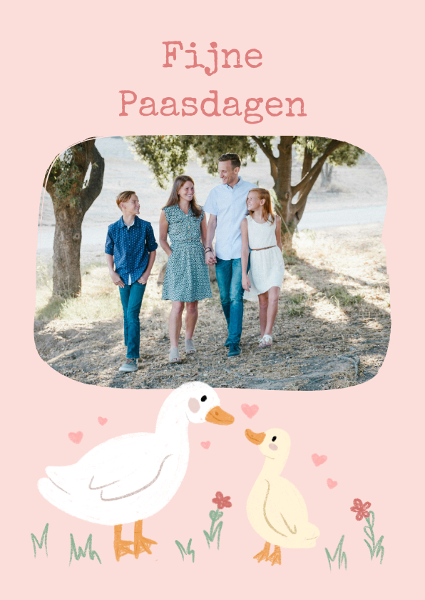 Paaskaarten - Lieve paaskaarten met foto en eenden kuikentje roze