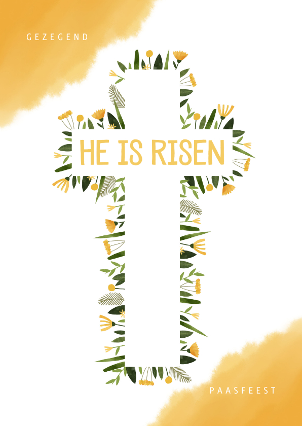Paaskaarten - Paaskaart christelijk bloemen in kruis en gele waterverf