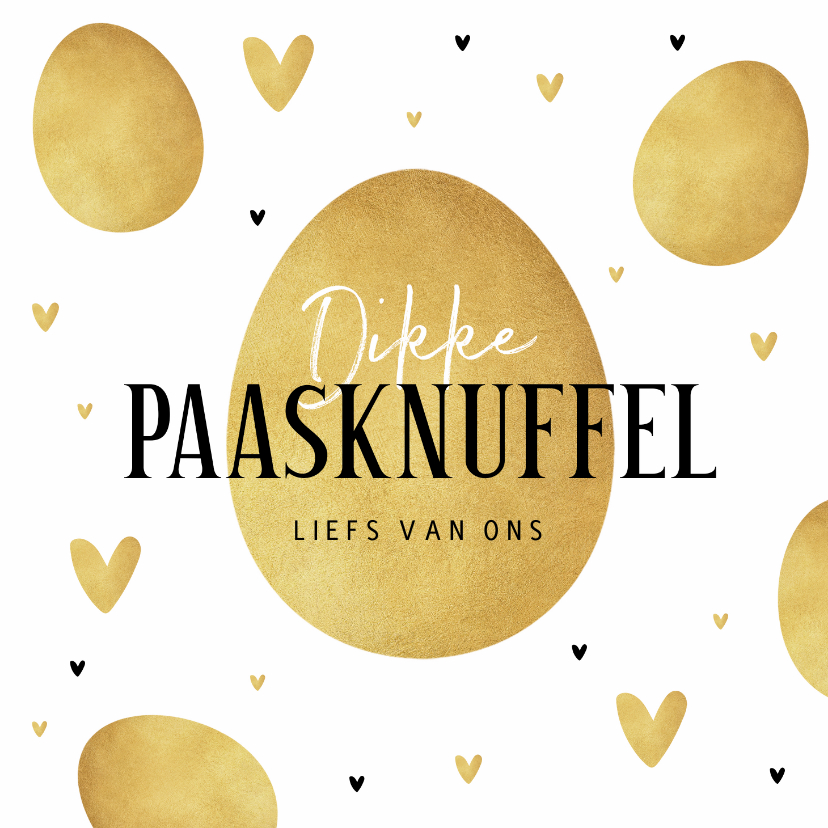 Paaskaarten - Paaskaart dikke paasknuffel goud eieren stijlvol hartjes