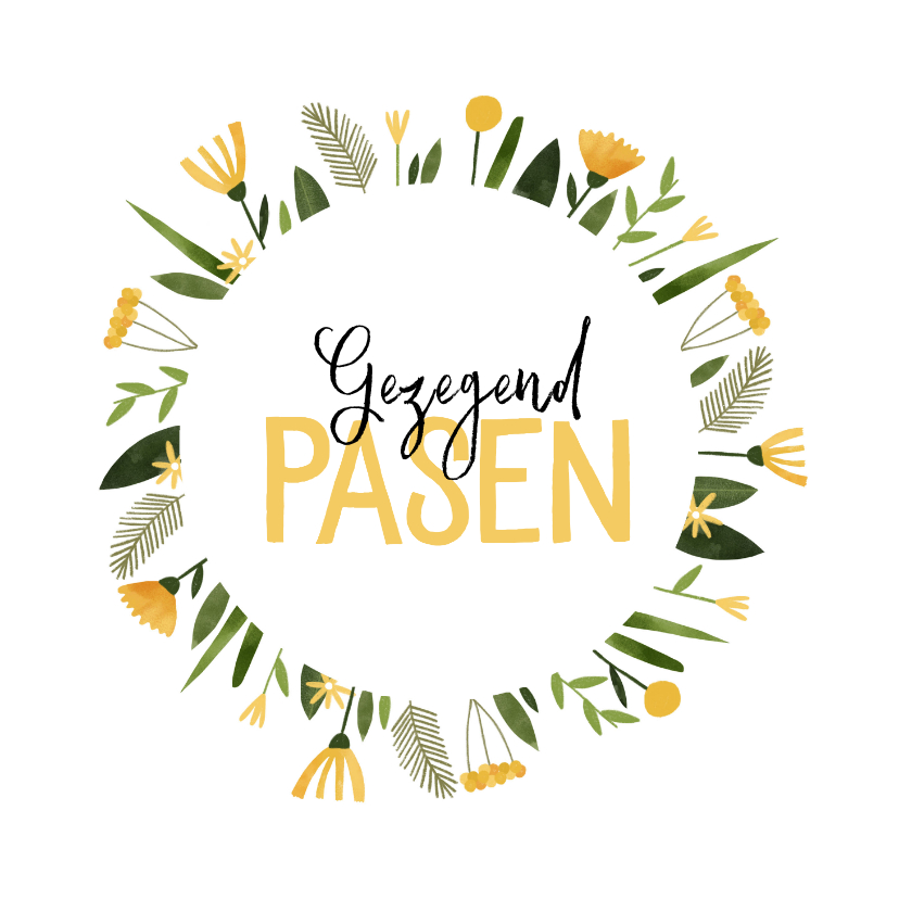 Paaskaarten - Paaskaart gezegend pasen gele bloemenkrans