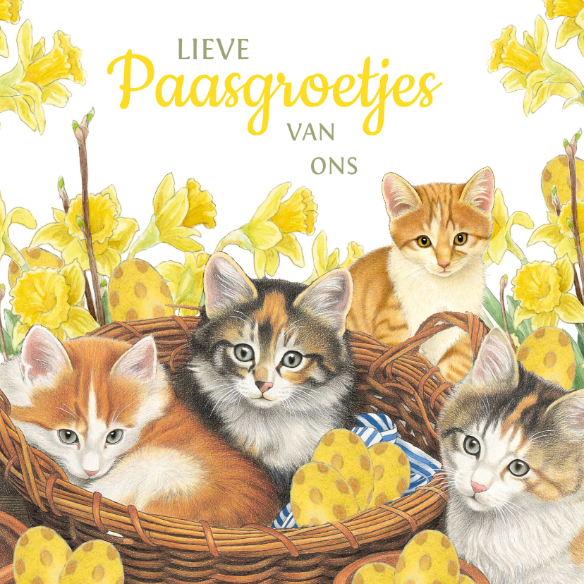Paaskaarten - Paaskaart Kittens in het eiermandje