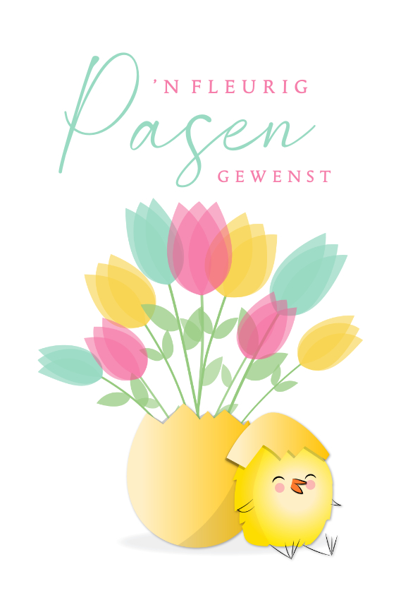Paaskaarten - Paaskaart kleurrijke bos tulpen en kuiken met eierschaal