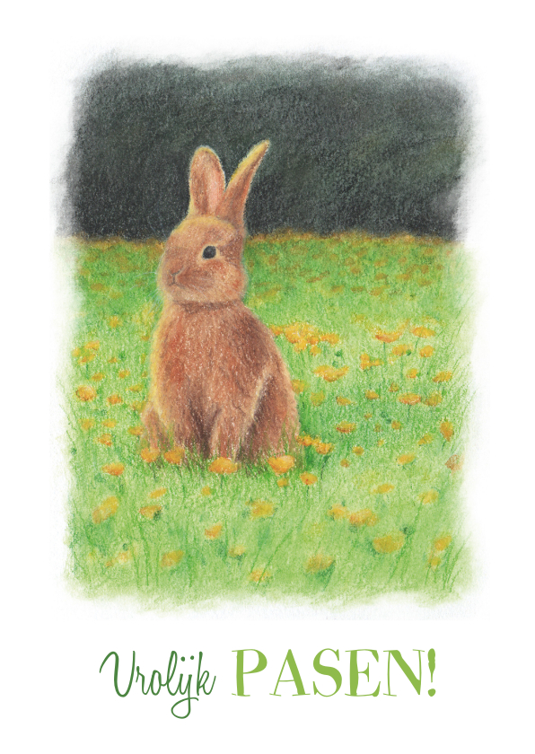 Paaskaarten - Paaskaart konijn in bloemenveld