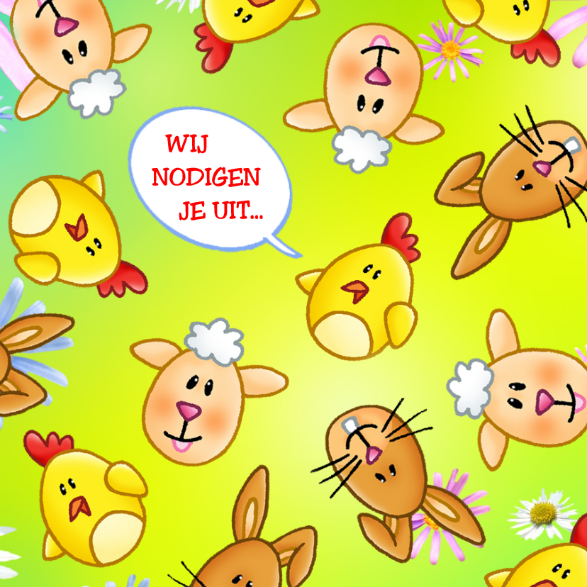 Paaskaart Kuiken Lam Paashaas Bloemen - Paaskaarten Paaskaarten - Paaskaart Kuiken Lam Paashaas Bloemen