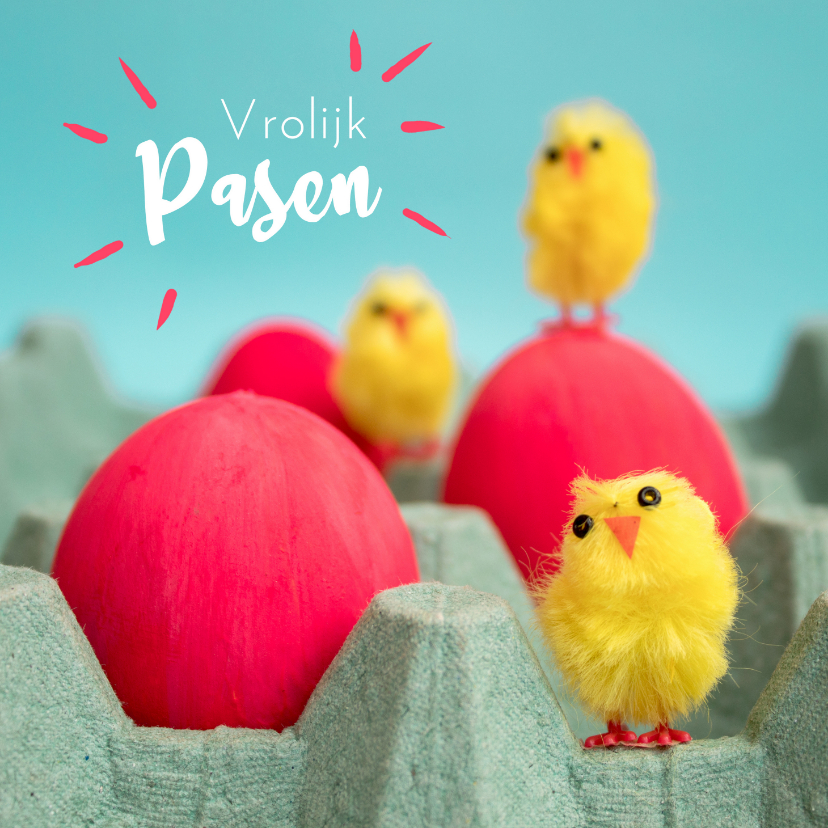 Paaskaart met drie kuikens en drie rode eieren - Paaskaarten Paaskaarten - Paaskaart met drie kuikens en drie rode eieren