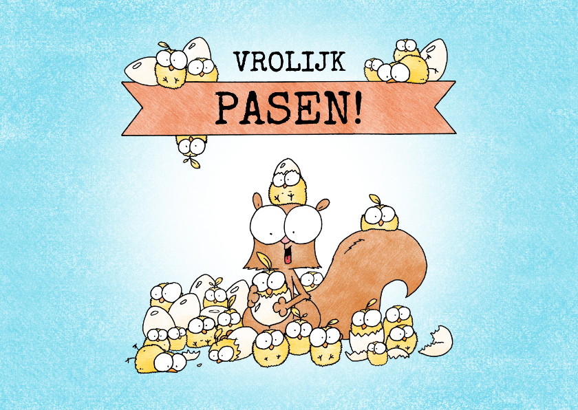 Paaskaart met een eekhoorntje en heel veel kuikentjes - Paaskaarten Paaskaarten - Paaskaart met een eekhoorntje en heel veel kuikentjes