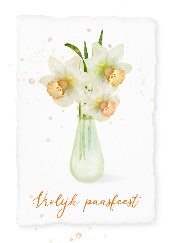Paaskaart met narcissen in een groen vaasje - Paaskaarten Paaskaarten - Paaskaart met narcissen in een groen vaasje