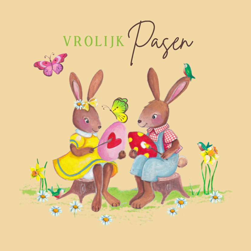 Paaskaarten -  Paaskaart met twee paashaasjes die eiren schilderen