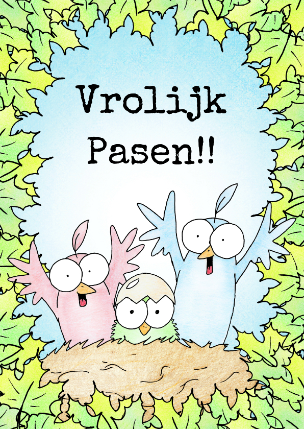 Paaskaarten - Paaskaart met twee vogels en kuikentje in een nest