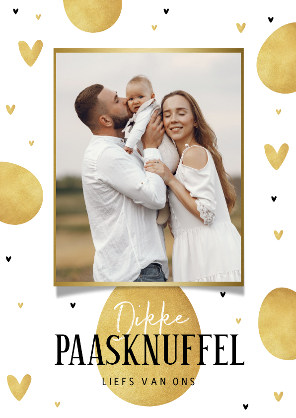 Paaskaarten - Paaskaart paasknuffel goud eieren paasei foto hartjes