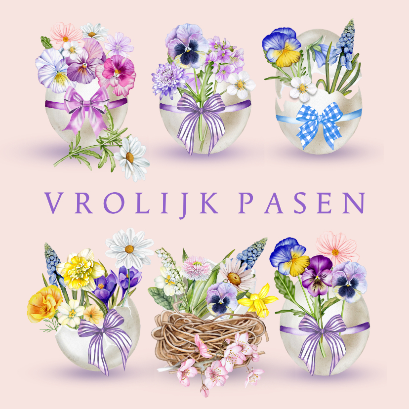 Paaskaarten - Paaskaart versierde eieren met bloemen en strikjes