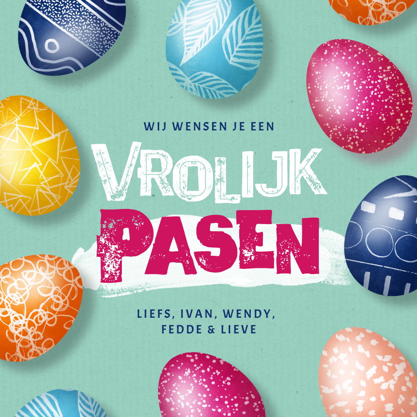 Paaskaarten - Paaskaart vrolijk pasen beschilderde paaseitjes