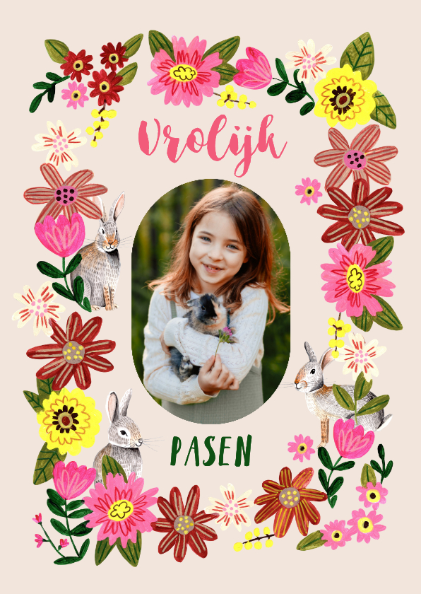 Paaskaarten - Paaskaart vrolijk pasen bloemen en paashaasjes