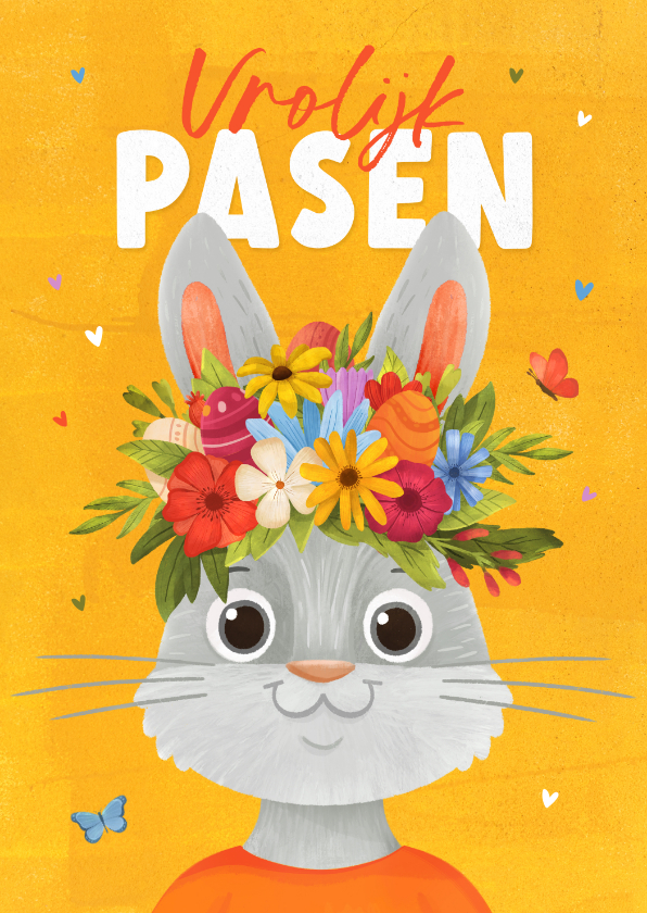 Paaskaarten - Paaskaart vrolijk pasen paashaas bloemen paaseieren mandje 