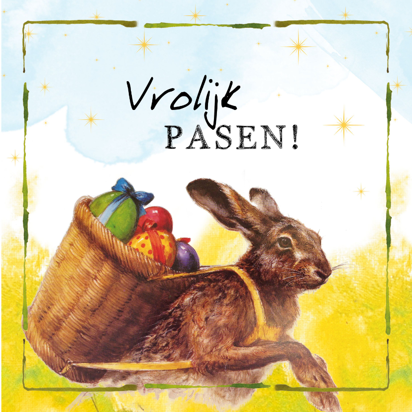 Paaskaart - vrolijke paashaas met mand gevuld met eieren - Paaskaarten Paaskaarten - Paaskaart - vrolijke paashaas met mand gevuld met eieren