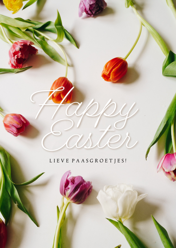 Paaskaarten - Paaskaartje Happy Easter kleurrijke tulpen