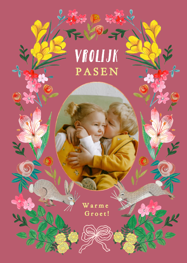 Paaskaartje vrolijk pasen paashaasjes en bloemen - Paaskaarten Paaskaarten - Paaskaartje vrolijk pasen paashaasjes en bloemen