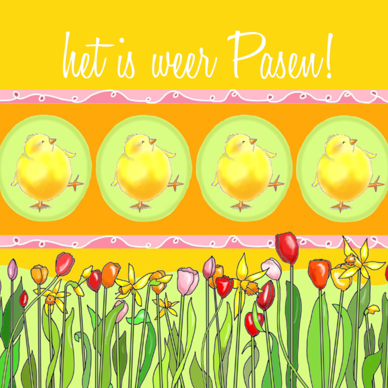 Paaskuikentjes op een rij - Paaskaarten Paaskaarten - Paaskuikentjes op een rij