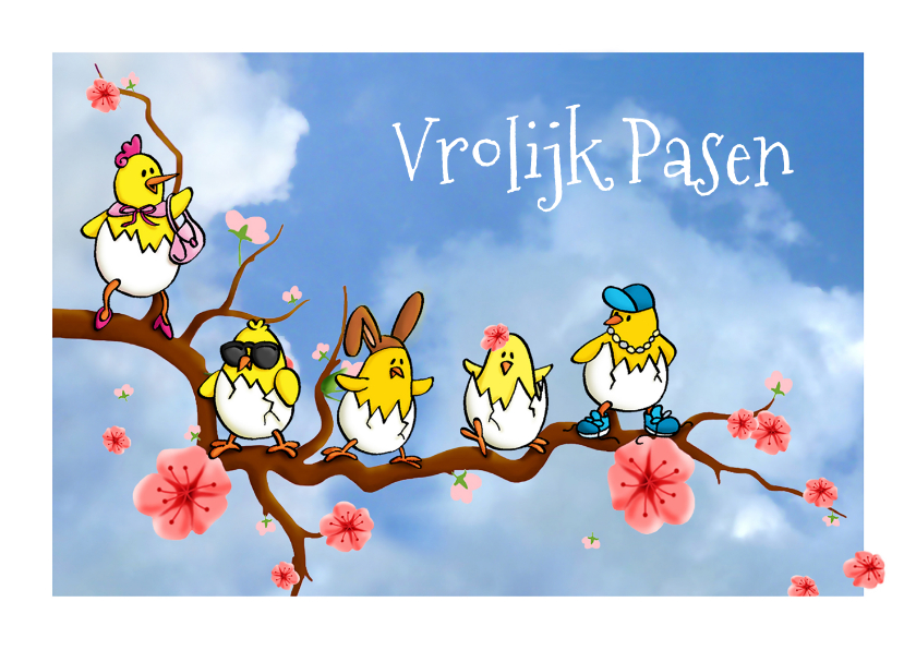 Pasen Kekke Kuikens op bloesemtak - Paaskaarten Paaskaarten - Pasen Kekke Kuikens op bloesemtak