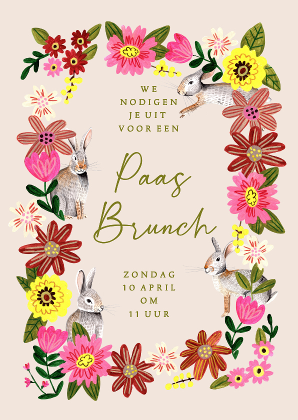 Paaskaarten - Uitnodiging paasbrunch bloemen en paashaasjes