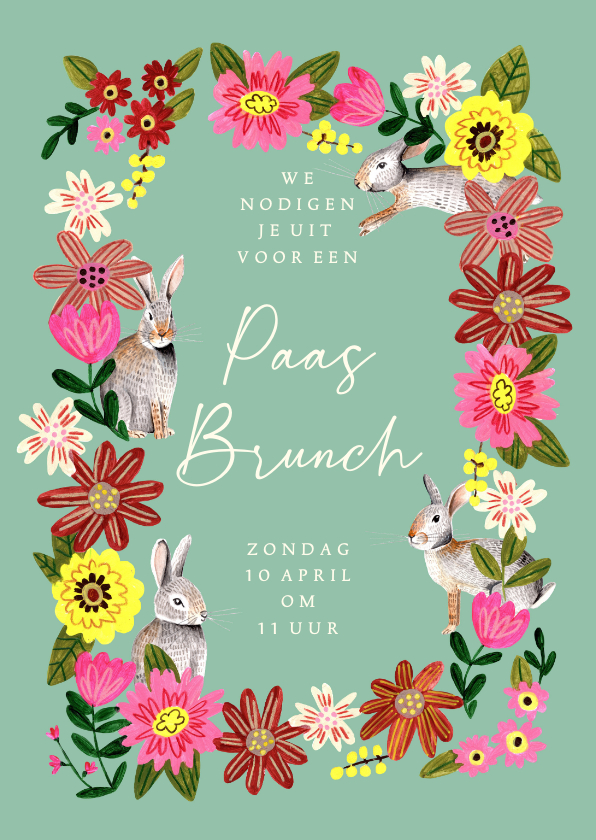 Paaskaarten - Uitnodiging paasbrunch bloemen en paashaasjes