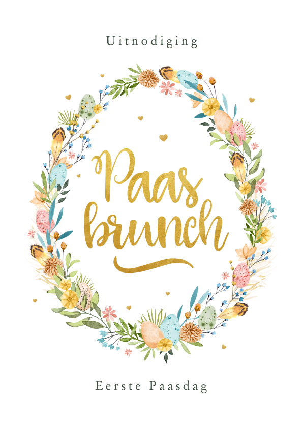 Paaskaarten - Uitnodiging paasbrunch paasei bloemen krans eieren lente