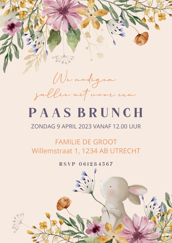 Paaskaarten - Uitnodiging paasbrunchkaart met bloemen