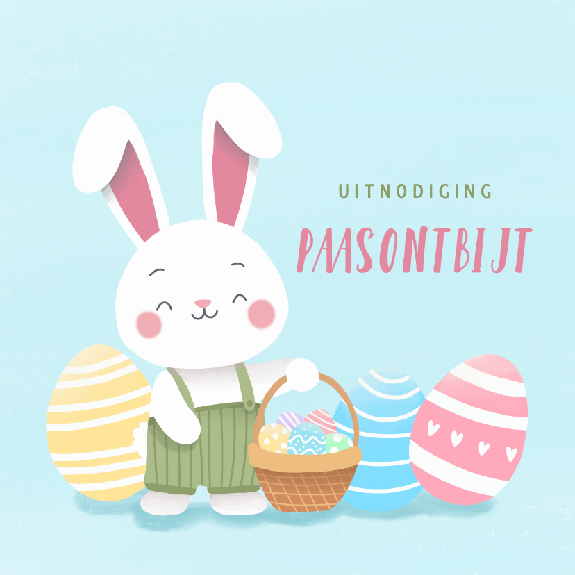 Paaskaarten - Uitnodiging paasontbijt met illustratie van paashaas