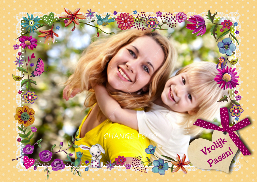 Vrolijk Pasen Geel stip Rand Foto Lente - Paaskaarten Paaskaarten - Vrolijk Pasen Geel stip Rand Foto Lente