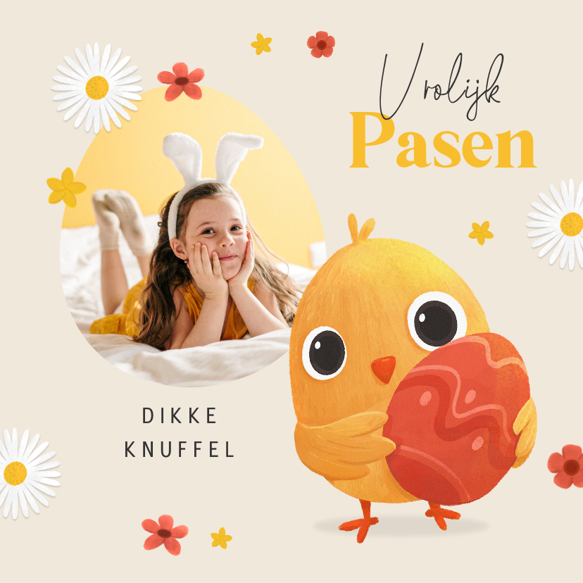 Paaskaarten - Vrolijk pasen kuiken paasei bloemen foto paaskaart