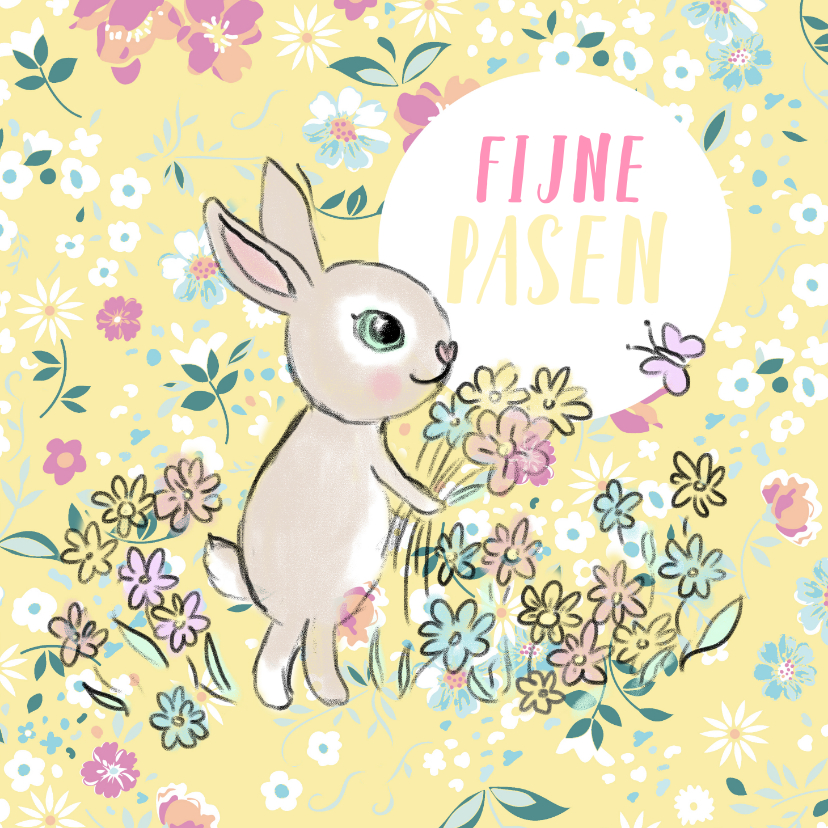 Paaskaarten - Vrolijke bloemen paaskaart met getekend konijntje