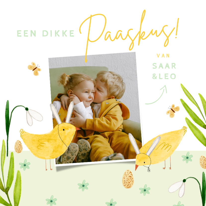 Paaskaarten - Vrolijke paaskaart dikke paaskus met foto en kuikens geel