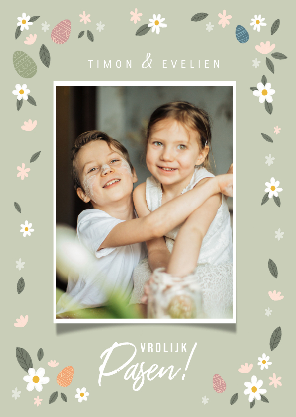 Vrolijke paaskaart grote foto, bloemen en paaseitjes - Paaskaarten Paaskaarten - Vrolijke paaskaart grote foto, bloemen en paaseitjes