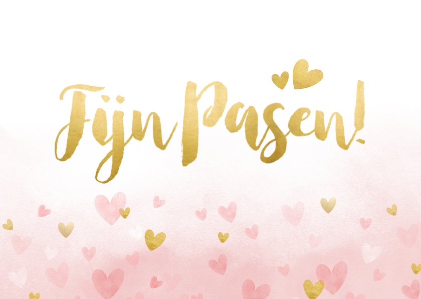 Vrolijke paaskaart met gouden hartjes en roze waterverf - Paaskaarten Paaskaarten - Vrolijke paaskaart met gouden hartjes en roze waterverf