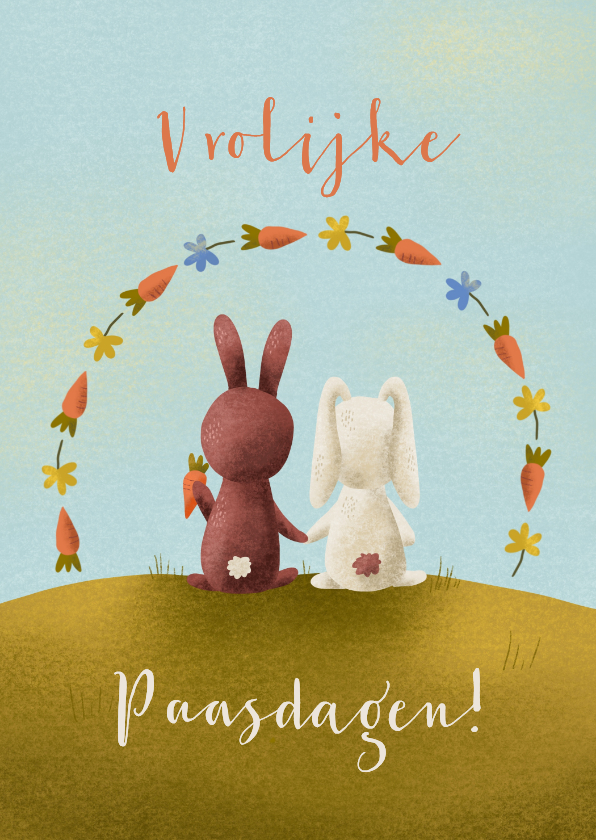 Paaskaarten - Vrolijke paaskaart met haasjes en bloemen