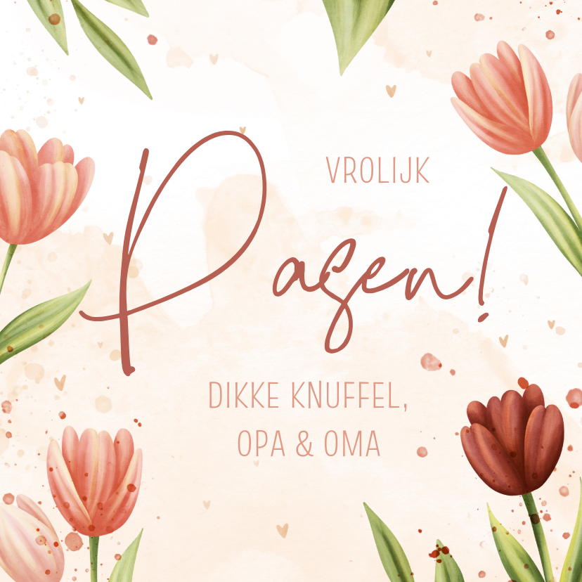 Paaskaarten - Vrolijke paaskaart met tulpen hartjes en waterverf