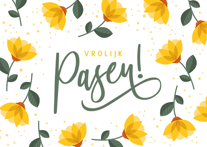 Vrolijke strakke paaskaart met gele bloemen en vrolijk pasen - Paaskaarten Paaskaarten - Vrolijke strakke paaskaart met gele bloemen en vrolijk pasen