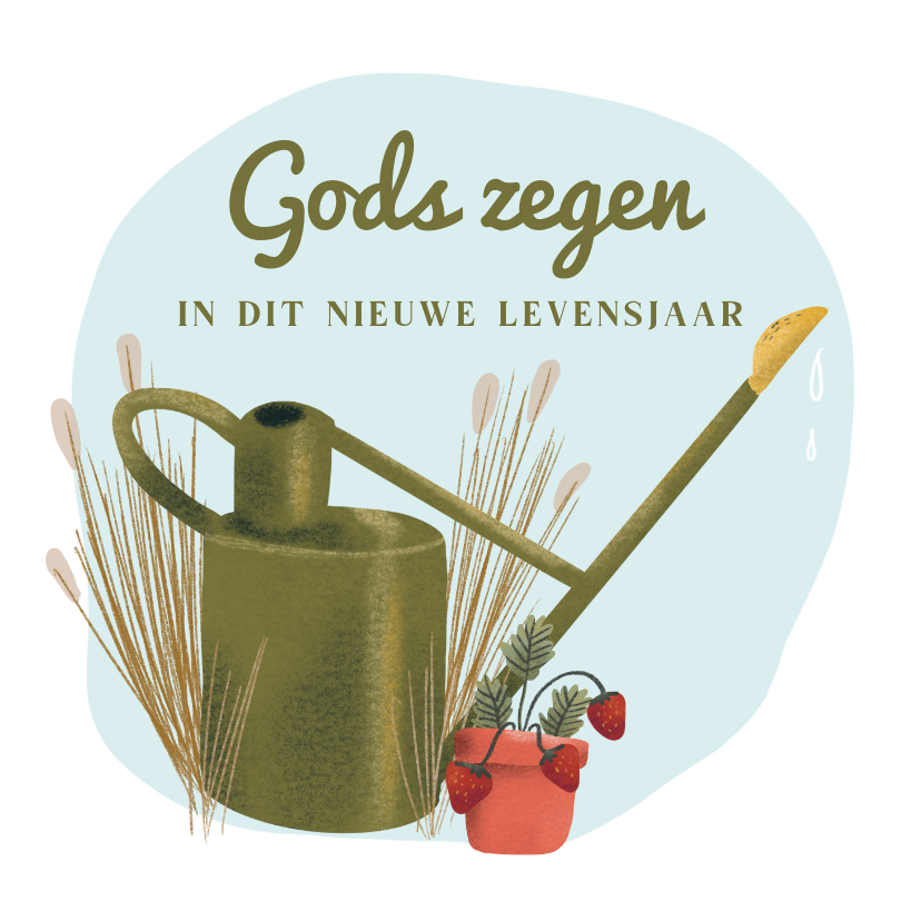 Religieuze kaarten - Christelijke verjaardagskaart met aardbeienplant en gieter