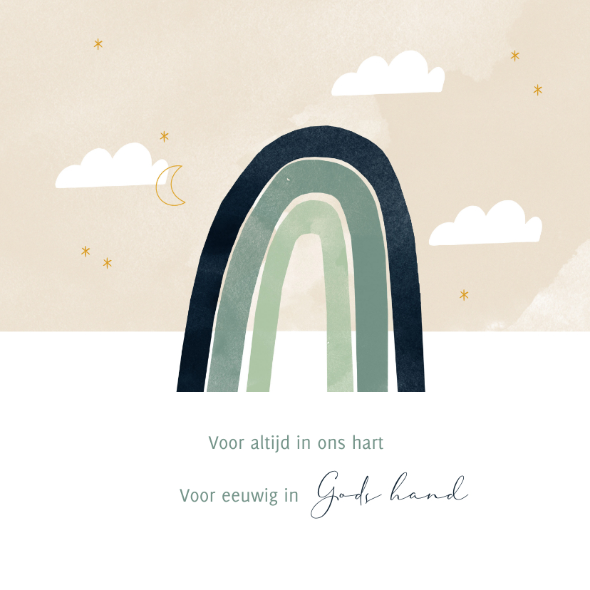 Religieuze kaarten - Condoleance religiekaart jongen regenboog in Gods hand