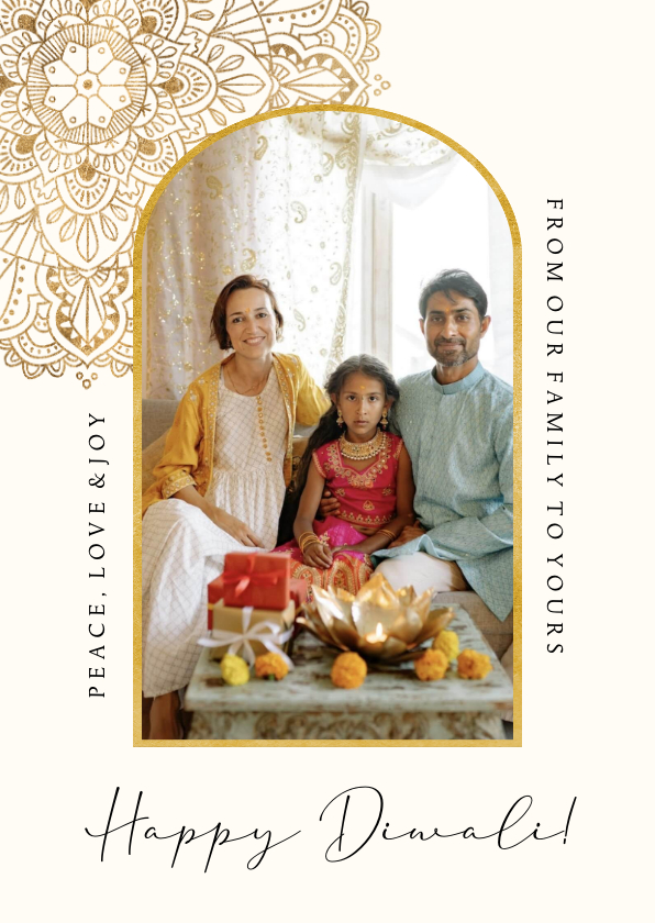 Klassieke Diwali kaart mandala goudlook foto 'Happy Diwali' - Religieuze kaarten Religieuze kaarten - Klassieke Diwali kaart mandala goudlook foto 'Happy Diwali'
