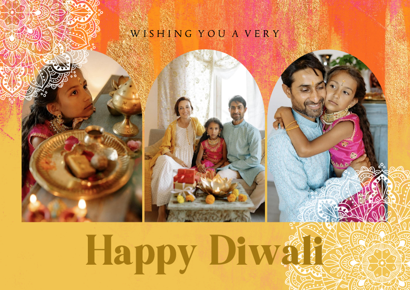 Religieuze kaarten - Kleurrijke Diwali kaart collage verfstrepen goud mandala