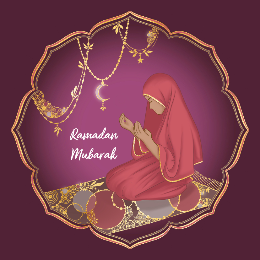 Religieuze kaarten - Ramadan Mubarak met biddende Hijabi vrouw
